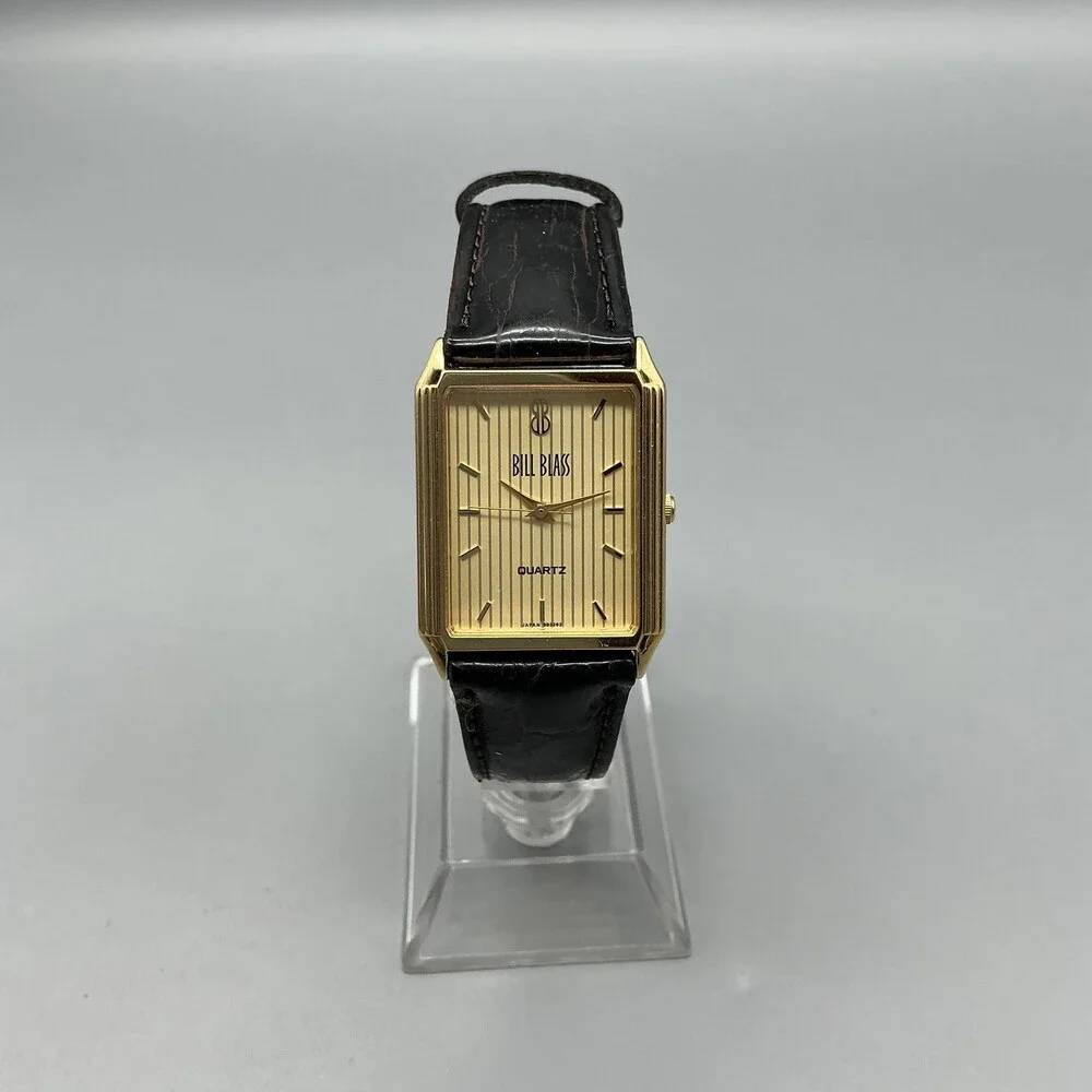 Vintage Bill Blass 007-0132 Mens Watch 24mm Gold Dial Black Leather New Battery